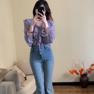 Cổ chữ V, tay nấm ba chiều, voan tím, áo sơ mi họa tiết xù - Size lớn cho ngày thường