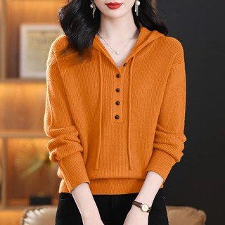 Áo nữ dệt kim có mũ trùm đầu, phiên bản Hàn Quốc dáng rộng