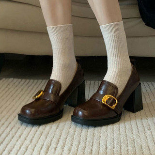 Loafers nữ mũi vuông, gót dày, phong cách Anh, da nhỏ, slip-on Mary Jane