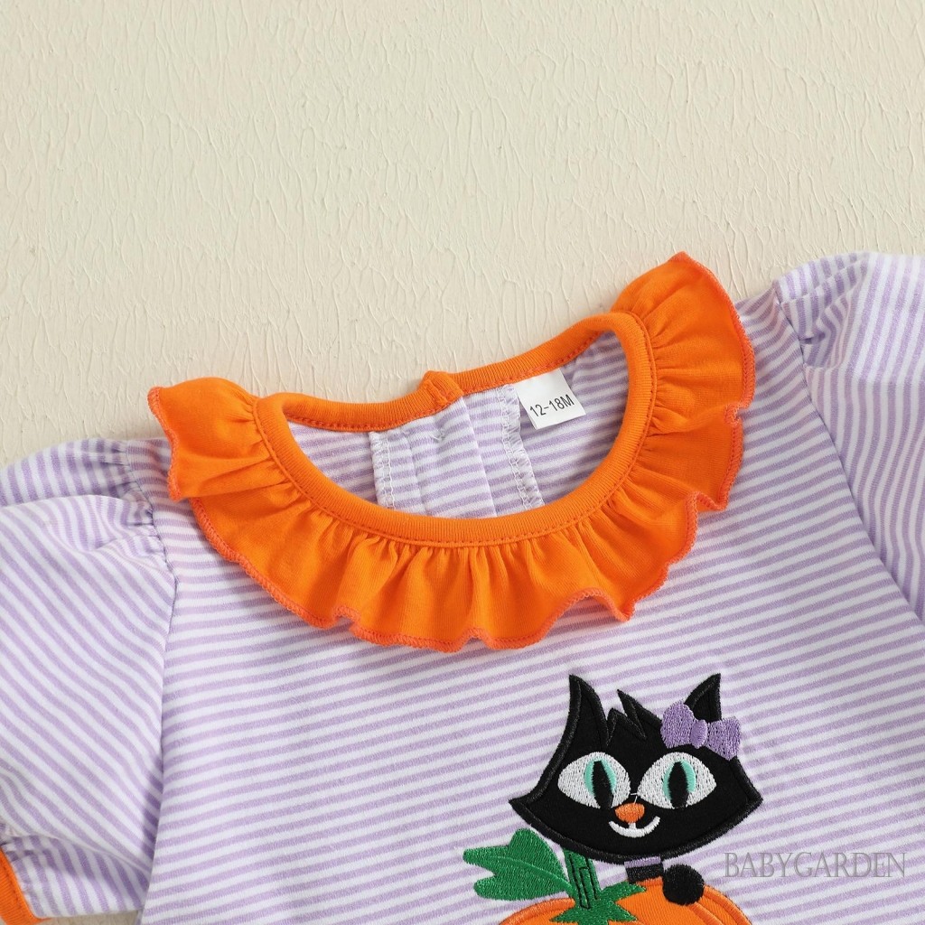 1-5 Tuổi Trẻ Em Bé Gái Halloween Sọc Đầm Bí Ngô Mèo Đen Thêu Tay Ngắn Xù Đầm Dễ Thương Mùa Thu Quần Áo