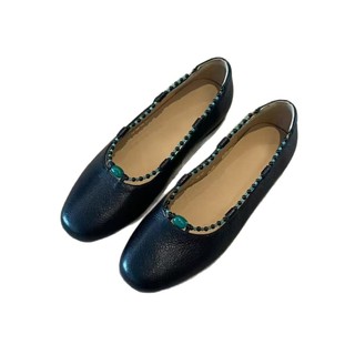 Retro Nông Miệng Tròn Mũi Bà Giày Đính Hạt Giày Đế Bằng