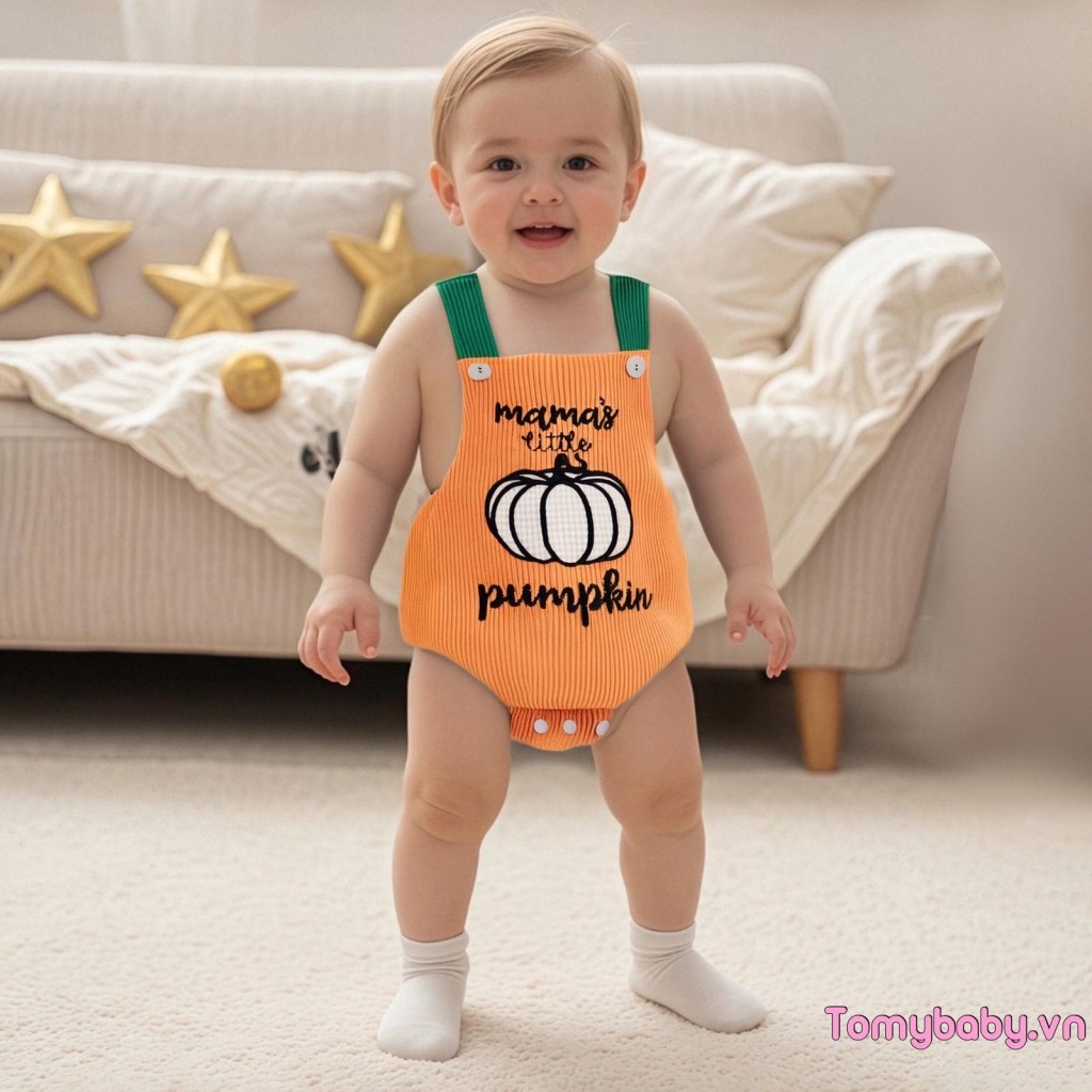Bộ áo liền quần không tay thêu chữ Halloween Bộ đồ liền thân bí ngô cho bé gái bé trai