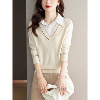 Giả Hai Mảnh Top Nữ Xuân Thu Phong Cách Phương Tây Đan Quần Áo Mùa Thu 2024 Phong Cách Mới Thu Đông Thời Trang Áo Sơ Mi Nữ Cổ Áo Len