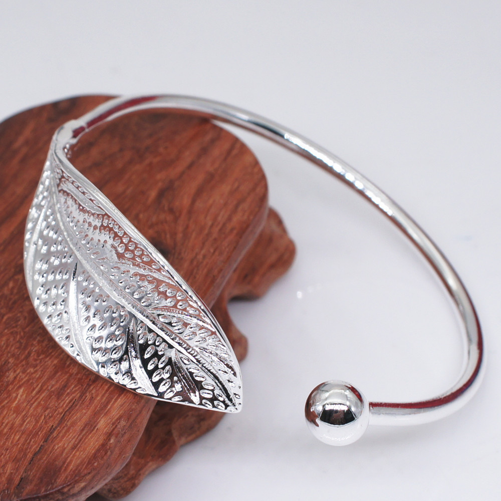 Urmylady Bạc 925 Người Phụ Nữ Vòng Tay Mở Hình Lá Có Thể Điều Chỉnh Charm Lắc Tay Trang Sức
