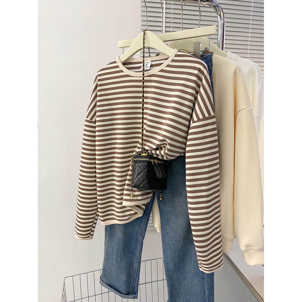 SUXI Cotton Retro Sọc Rời Thu Đông Mới Cổ Tròn Dài Tay Áo 240809