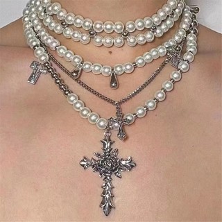 Exhila Vintage Ngọc Trai Nhiều Lớp Dây Vòng Cổ Choker Với Hợp Kim Chắc Chắn Chữ Thập Mặt Dây Chuyền Trang Sức Phụ Kiện Cho Hợp Thời Trang
