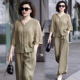 Bộ đồ cotton và vải lanh cho nữ bộ đồ hai món quần ống rộng cổ áo phong cách Hàn Quốc giản dị mùa hè mới 2024