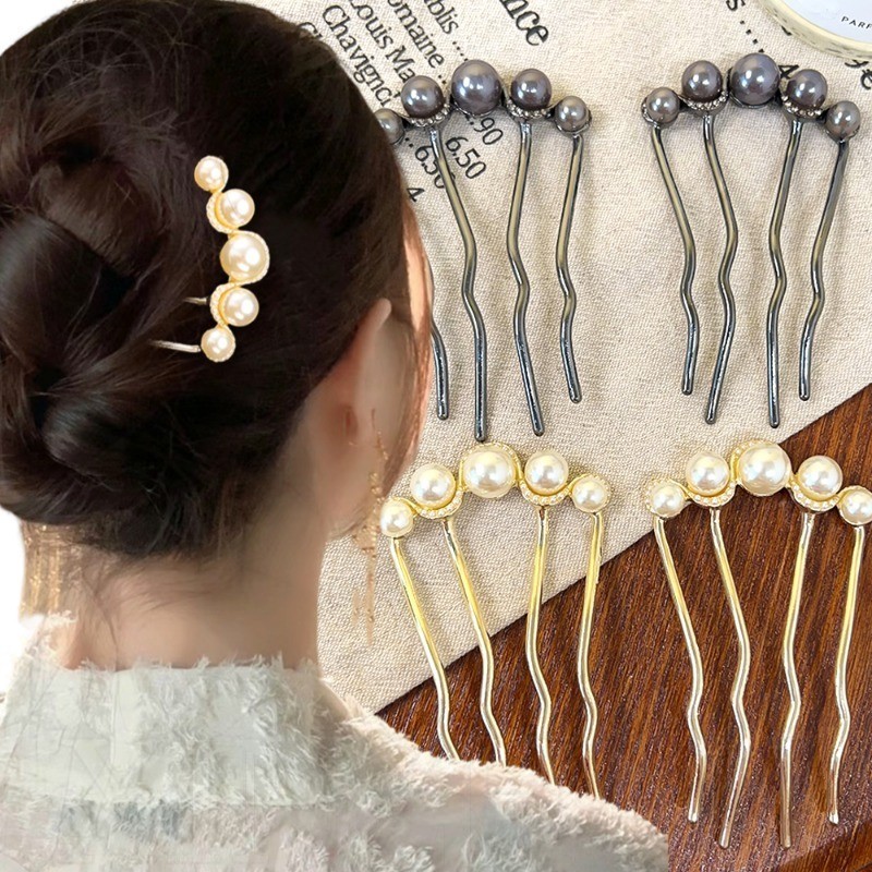 Kẹp Tóc Hình Chữ U Ngọc Trai Đơn Giản - Đen, Vàng, Ins Style, Kim Loại Tóc Bun - Kẹp Tóc Mũ Tiệc Cưới - Kẹp Tóc Tạo Kiểu Thanh Lịch Vintage - Dụng Cụ Tạo Kiểu Tóc