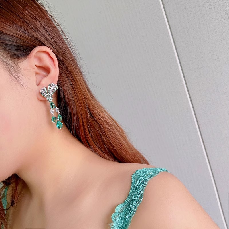 Bông tai thả nước nơ kim cương xanh Tính khí Thanh lịch sang trọng Bạc kim Zircon Bông tai