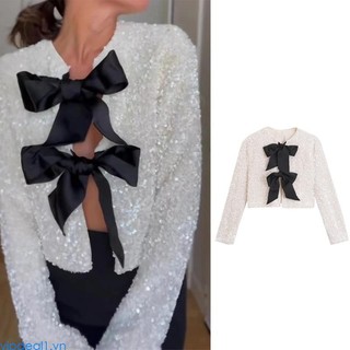 Vipdeal1 Nữ Lấp Lánh Sequins Áo Khoác Ren Nơ Mở Mặt Trước Đảng Shrug Cardigan Top