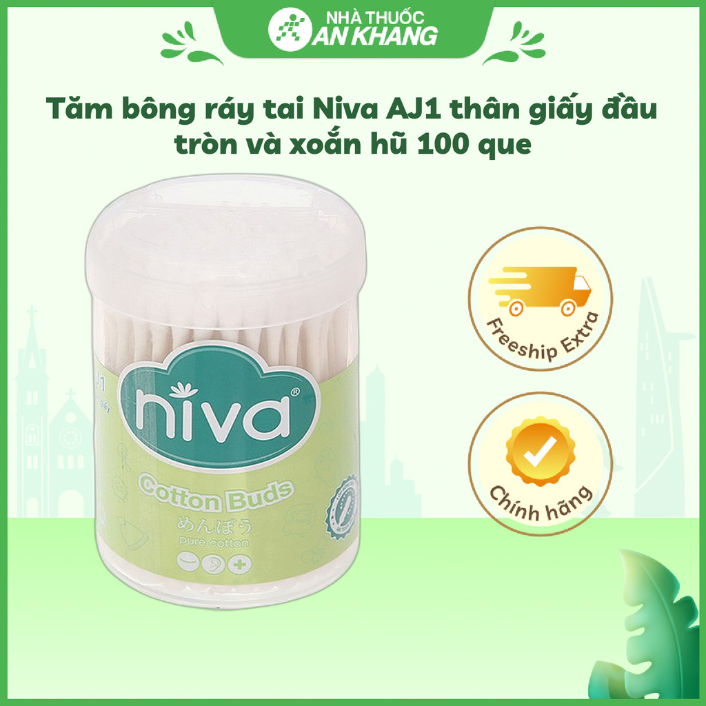 Tăm bông ráy tai Niva AJ1 thân giấy đầu tròn và xoắn hũ 100 que