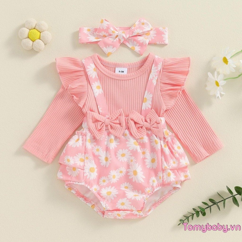 Bộ áo liền quần dài tay có gân mùa thu cho bé gái + Bộ băng đô