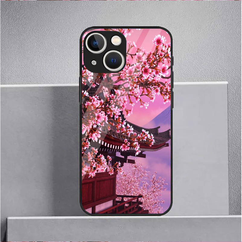 Ốp Điện Thoại Kính Cường Lực Hoa Anh Đào Cho IPhone 15 14 13 12 11 Pro XS Max Plus Mini X XR 8 7 6s SE2 / 3