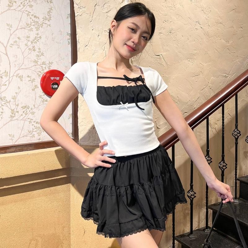 SAM - Áo Nữ Cổ Vuông Tay Ngắn PINKSTORE29 Phối Nơ Kiểu Nhún Ngực A51093