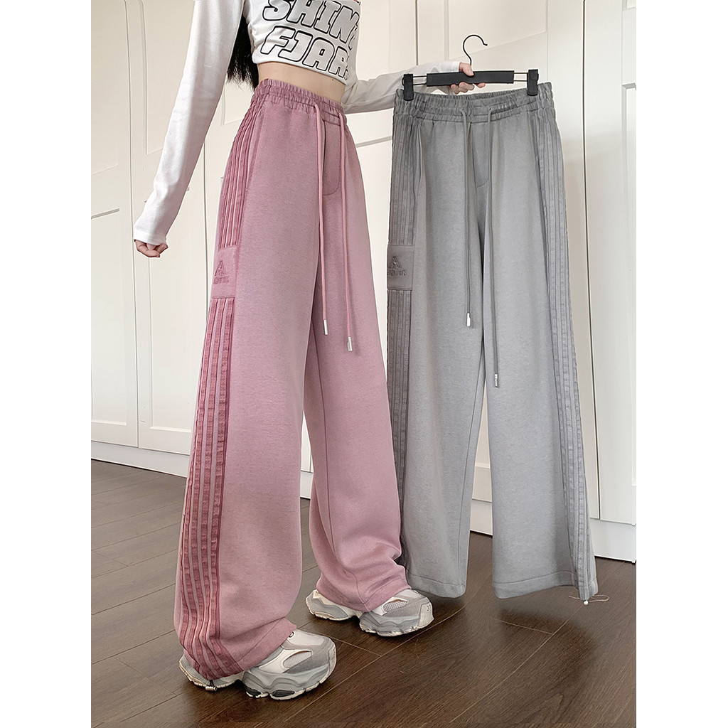 Suxi Retro Sọc Thu Đông Mới Thời Trang Đơn Giản Rời Thể Thao Cao Cấp Quần Thẳng Nữ 241012