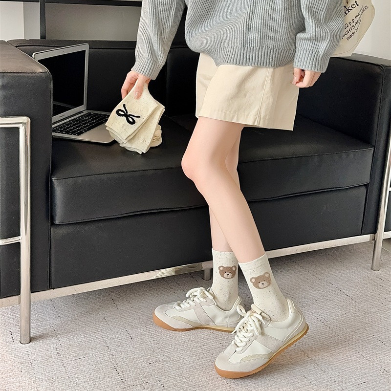 Vớ gấu dễ thương Ins Style - Tất ống giữa - Hoạt hình, Thời trang - Tất màu trơn - Cotton, Thoải mái, Thoáng khí, Mềm mại - Tất thông thường hàng ngày