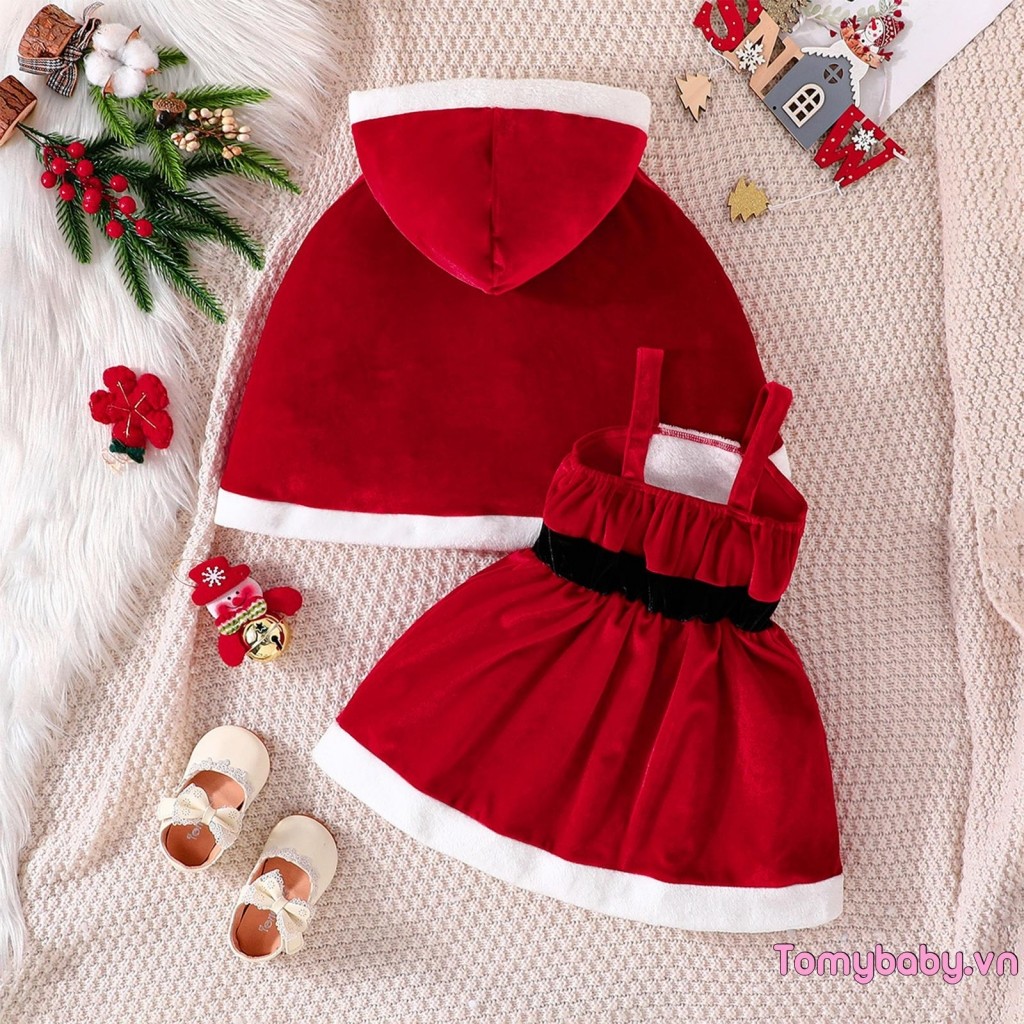 Bộ Giáng Sinh Bé Gái Santa Terry Viền Không Tay Chữ A Cami Dress + Trang Phục Áo Khoác Có Mũ Trùm Đầu