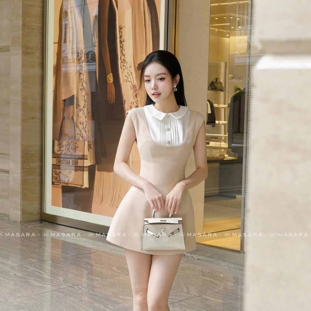 Đầm ngắn Masara tone be kem phối cổ trắng phong cách công sở thanh lịch MD848