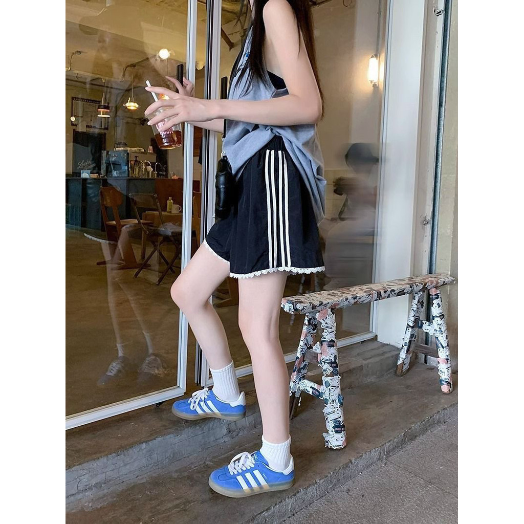 Milyfashion Khâu Ren Nhanh Khô Eo Co Giãn Thể Thao Quần Short Mùa Hè Rời Nhà Quần Short Ống Rộng Quần Áo Nữ