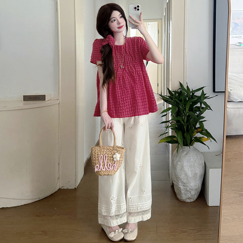 Bộ đồ bà bầu Áo ngắn tay kẻ sọc mùa hè + Quần ống rộng bằng vải lanh Cotton Bộ đồ hai mảnh
