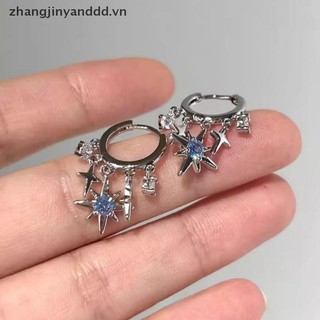 Bông tai mặt dây chuyền hình ngôi sao tám cánh màu xanh zircon, màu bạc, phù hợp làm món quà trang sức.