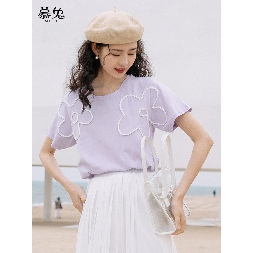 Thiết Kế Niche Tím Tay Ngắn Nữ Mùa Hè 2026 Phong Cách Mới Pháp Rời Nguyên Chất Cotton Sang Trọng Top Áo Thun