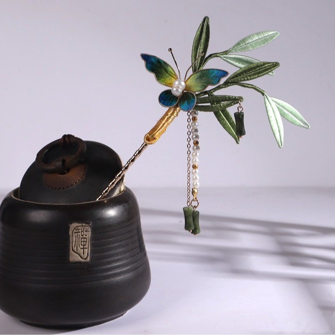 Kẹp tóc handmade lụa nhung hoa tangling bướm lá tre - Phù hợp với trang phục cổ điển Trung Quốc và sườn xám