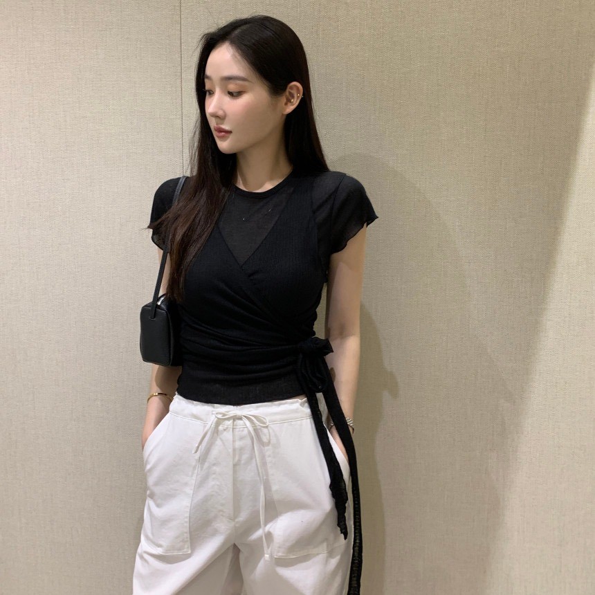 SUXI Áo thun nữ màu trơn đơn giản và bộ đồ buộc dây - xu hướng mới mùa hè