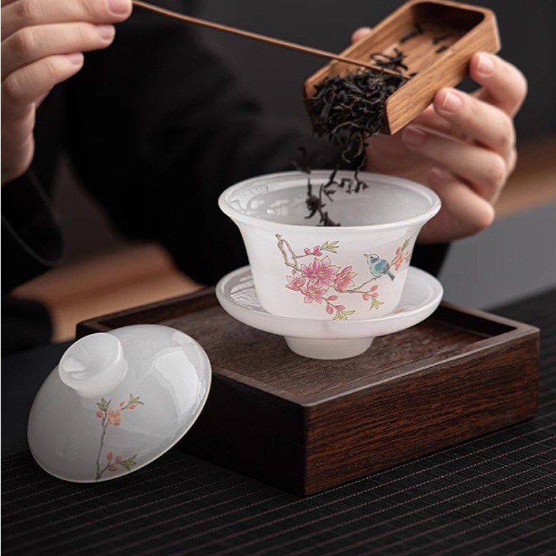Chén Khải Tiềm Trà Bằng Ngọc Lưu Ly  Họa Tiết Hỷ Thượng My Sảo Cao Cấp Dùng Thưởng Trà