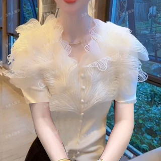 ✨Pháp Nhẹ Nhàng Ren Trắng Cổ Chữ V Slim-Fit Tay Ngắn Ôm Hơn Nhìn Áo Thun Phù Hợp Với Người Đi Làm Mỏng Hơn Nhìn Top 25.7.20