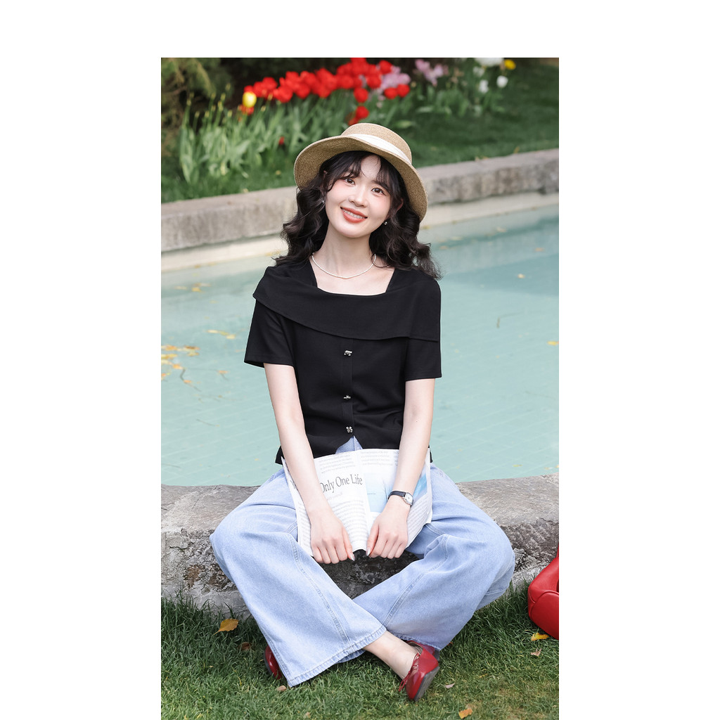 Mutu Phong Cách Pháp Cổ Vuông Ngắn Tay Nữ Mùa Hè 2026 Phong Cách Mới Nhẹ Nhàng Phong Cách Slim-Fit Ngắn Slit Áo Sơ Mi Nhỏ Top