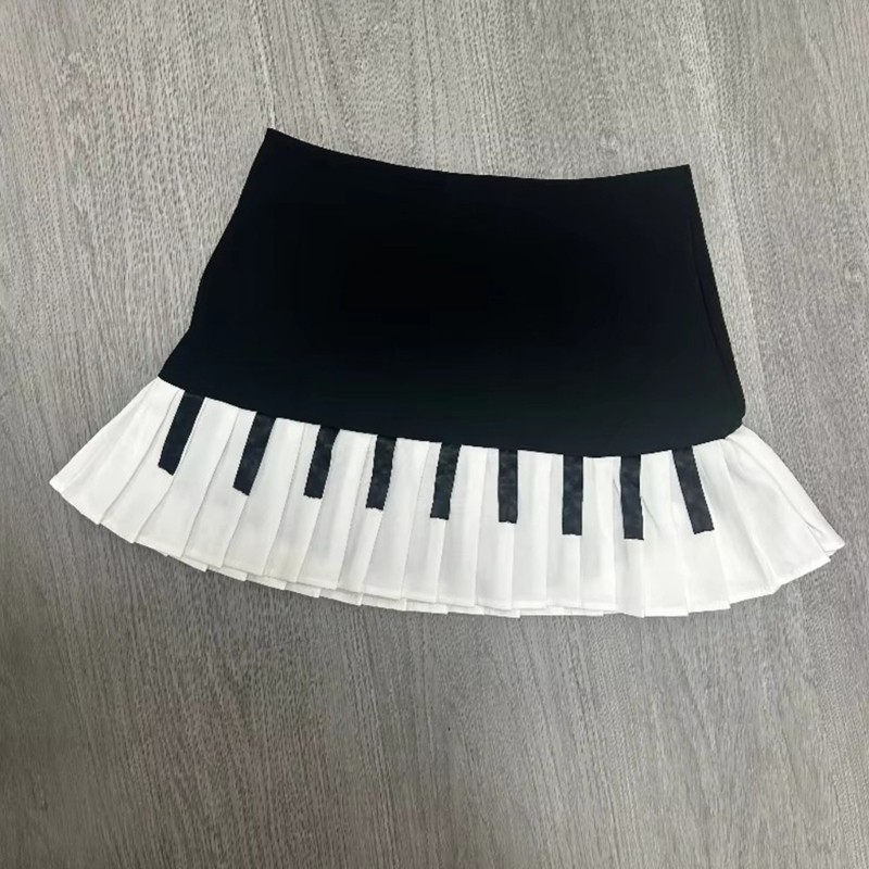 Women's  Waist Pleated Vintage Aesthetic Piano Key Print A Line Mini Skirt