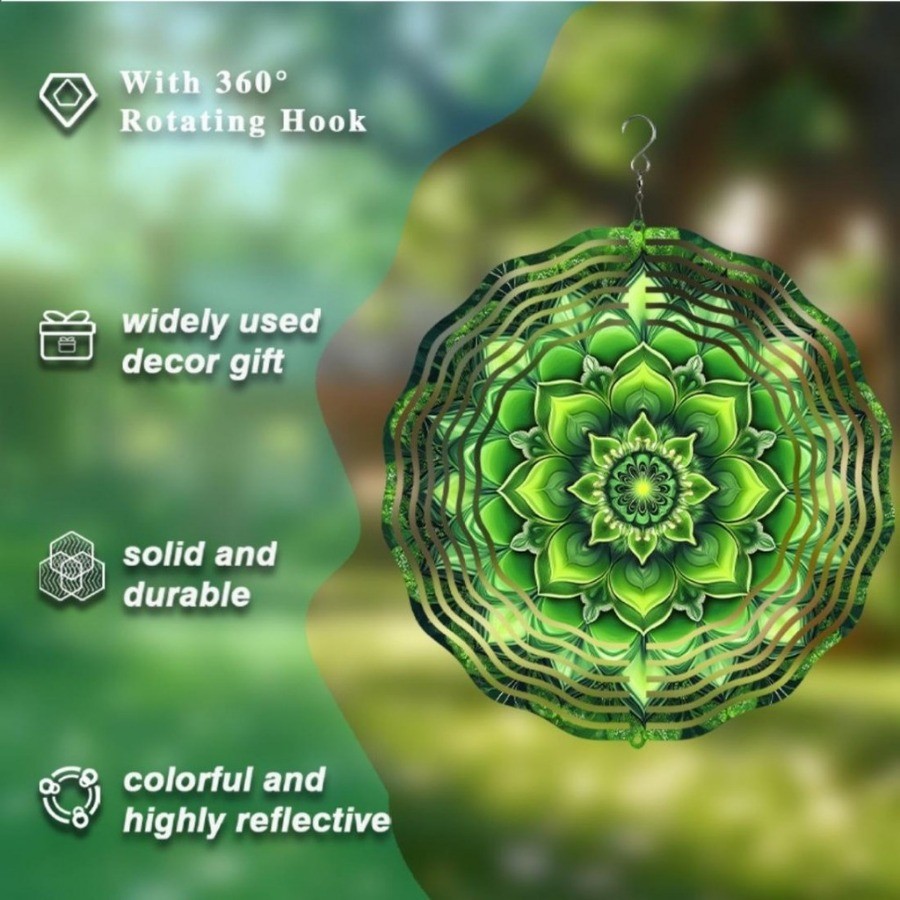 Máy quay gió Mandala xanh thanh lịch 3D - Chuông gió kim loại để trang trí sân vườn & sân hiên, không cần điện