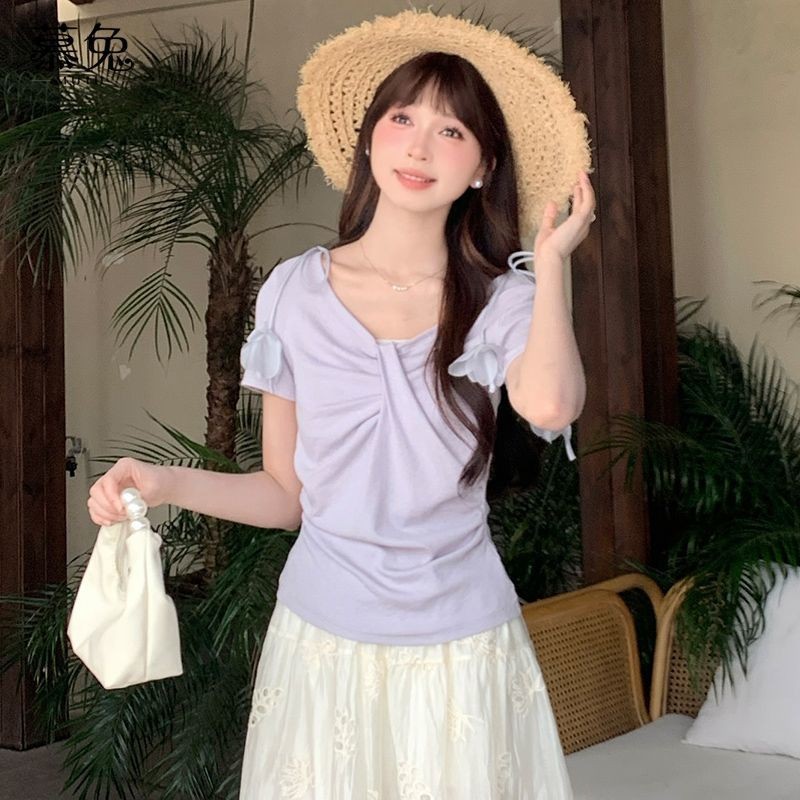 Mutu Phong Cách Pháp Thanh Lịch Ba Chiều Hoa Ngắn Tay Nữ Mùa Hè 2026 Phong Cách Mới Nhỏ Pure Desire Hot Girl Cổ Chữ v Hẹp