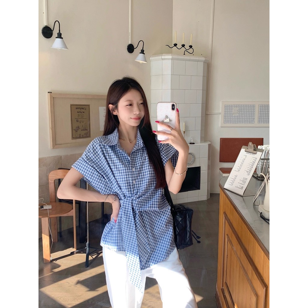 Áo sơ mi cổ ngắn tay cổ điển kiểu Pháp mới dành cho nữ 250813
