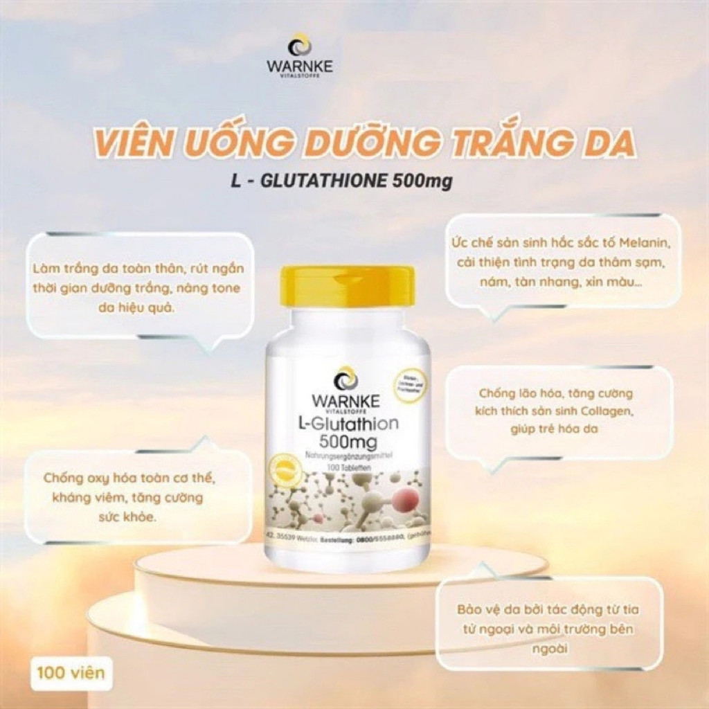 warnke l glutathione 500mg Viên uống Warnke L-Glutathione Đức 500mg hỗ trợ trắng da 100 viên