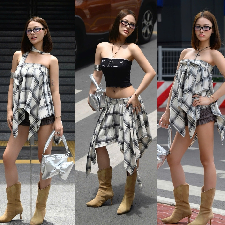 [KH08] [MẶC 2 KIỂU] Áo/ Chân Váy Nữ Vải Kate Caro Sọc Phối Nơ Catchy Skirt, vạt chéo cá tính | KHAO BOUTIQUE