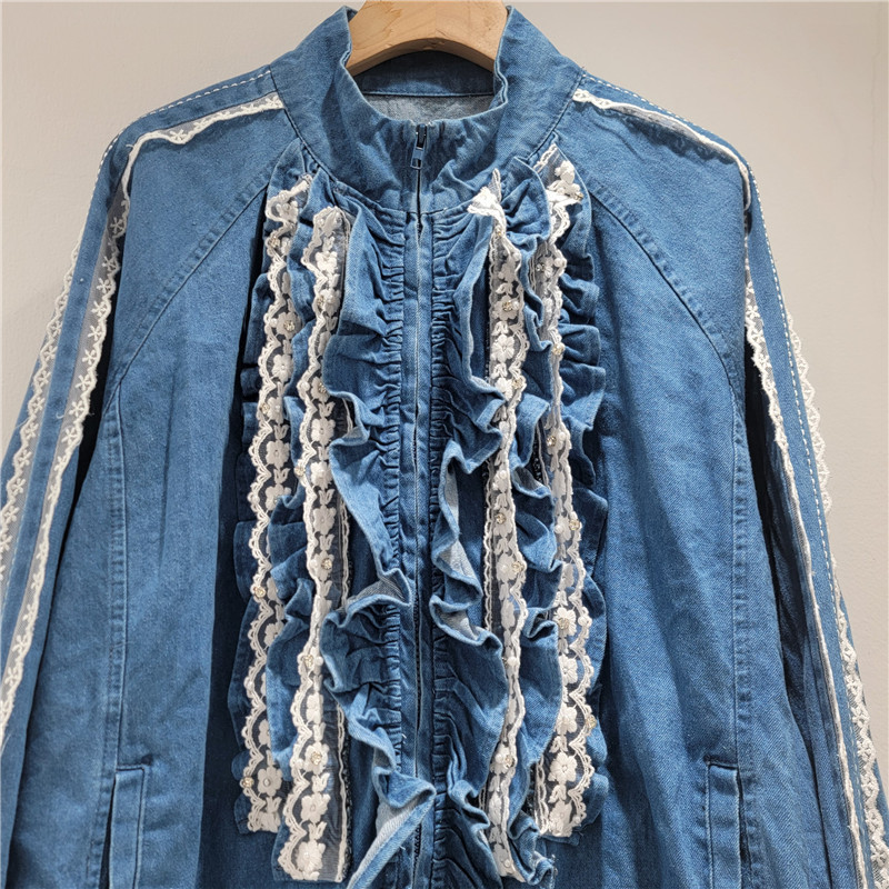 Áo khoác denim nữ cổ đứng, màu sắc tương phản, dây kéo rời, tay dài