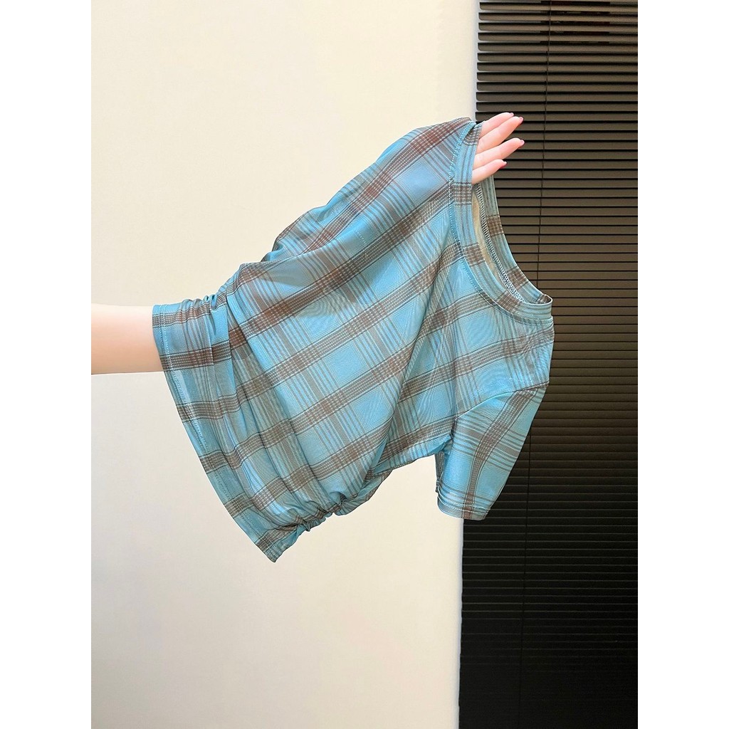 Milyfashion Retro Kẻ Sọc In Tất Cả Trận Đấu Lưới Ngắn Tay Top Mùa Hè Mỏng Gọn Rộng Ôm Hơn Nhìn T