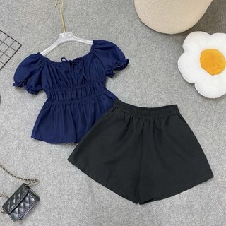 Set bigsize nữ áo bo eo tay phồng dễ thương tôn dáng nhiều màu sắc phối quần đùi lưng chun co giãn - A282+Q500