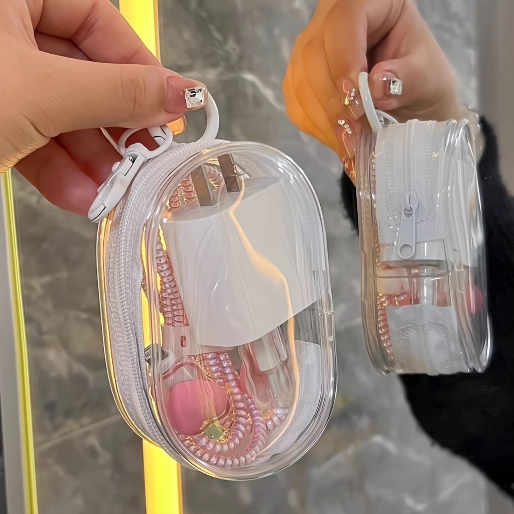 Đen Trắng Hình Bầu Dục PVC Trong Suốt Cáp Bảo Quản Túi Du Lịch Di Động Mang Theo Cho Tai Nghe Đồng Xu Dữ Liệu Cáp Sạc Túi Đựng Mỹ Phẩm Tổ Chức Búp Bê Hiển Thị Túi