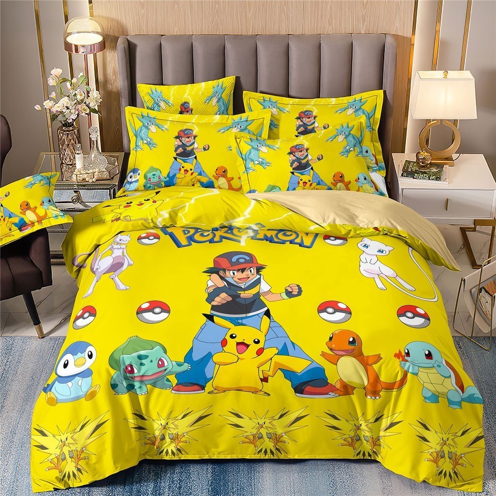 PS1 Pokemon Pikachu 3IN1 Ga trải giường Vỏ chăn gối Bộ chăn ga gối chất lượng cao cấp Bộ đồ giường có thể giặt được tại nhà Bộ đồ phòng ngủ SP1