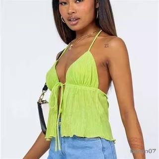 Phụ Nữ Cổ Dây Crop Tops Mùa Hè Màu Băng Mở Mặt Trước Không Tay Áo Dạo Phố