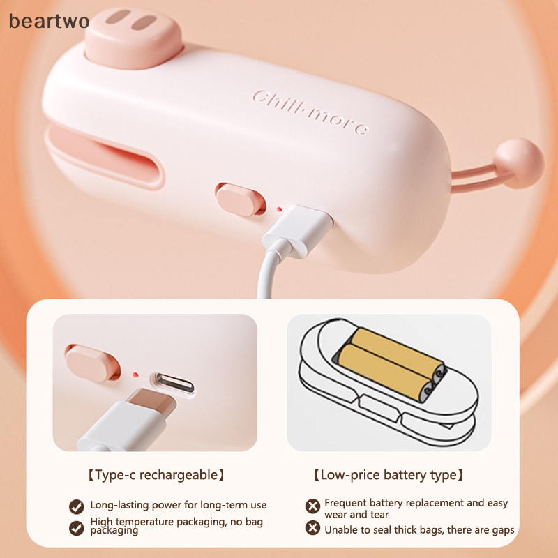 < Beartwo > Máy niêm phong nhỏ Máy niêm phong túi 2 trong 1 cầm tay Túi ăn nhẹ Máy niêm phong nhiệt Máy niêm phong túi thực phẩm cầm tay Dụng cụ nhà bếp Đẹp