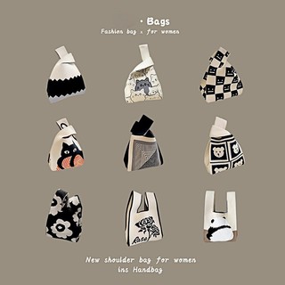 Túi đeo tay thắt nút Mini dành cho nữ Handmade Túi xách dệt kim thông thường Túi Tote kẻ sọc màu Túi Tote sinh viên Túi mua sắm tái sử dụng