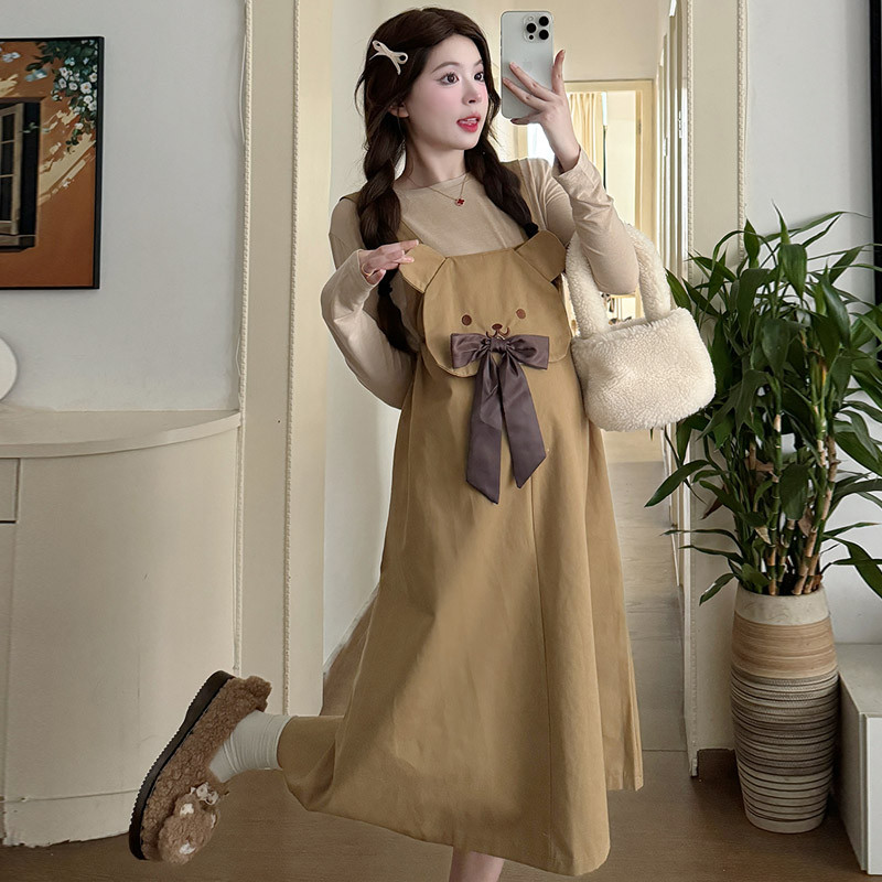 Bộ đồ bà bầu Thu Đông Phong cách mới Váy dây đeo vui nhộn + Bộ đồ hai mảnh đáy dài tay