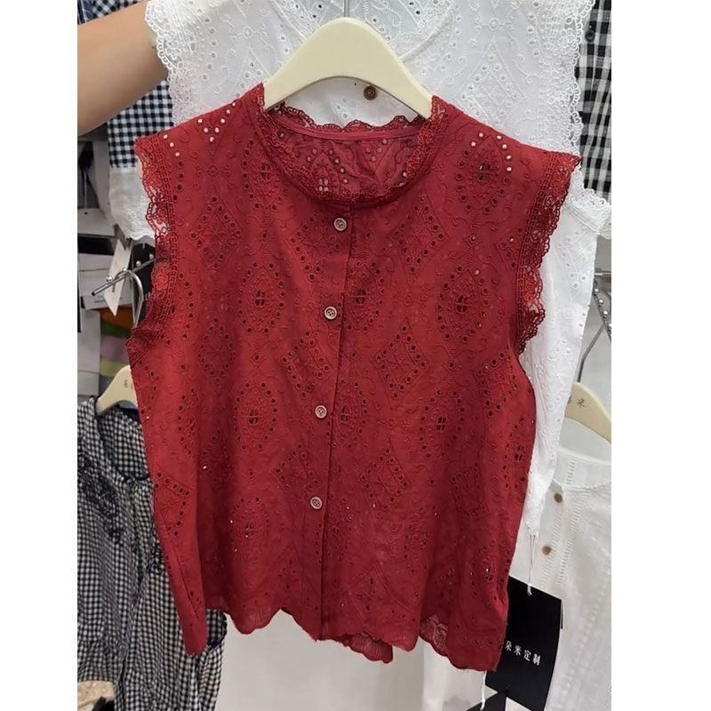 Milyfashion Ren Rỗng Móc Không Tay Áo Sơ Mi Ngắn Nữ Mùa Hè 2025 Phong Cách Mới Cho Bé Áo Sơ Mi Nhỏ Cổ Tròn Top Hợp Thời Trang