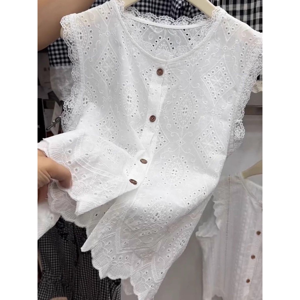 Milyfashion Ren Rỗng Móc Không Tay Áo Sơ Mi Ngắn Nữ Mùa Hè 2025 Phong Cách Mới Cho Bé Áo Sơ Mi Nhỏ Cổ Tròn Top Hợp Thời Trang
