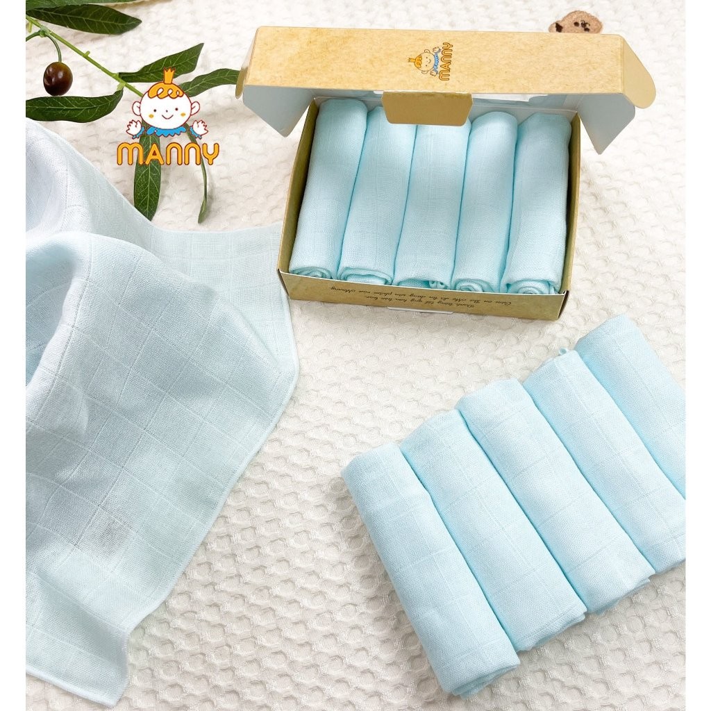 Hộp 5 Khăn Sữa Sợi Tre 2 Lớp MANNY Cao Cấp, Mềm Mịn Và Thấm Hút, An Toàn Cho Làn Da Bé KT 30x30cm