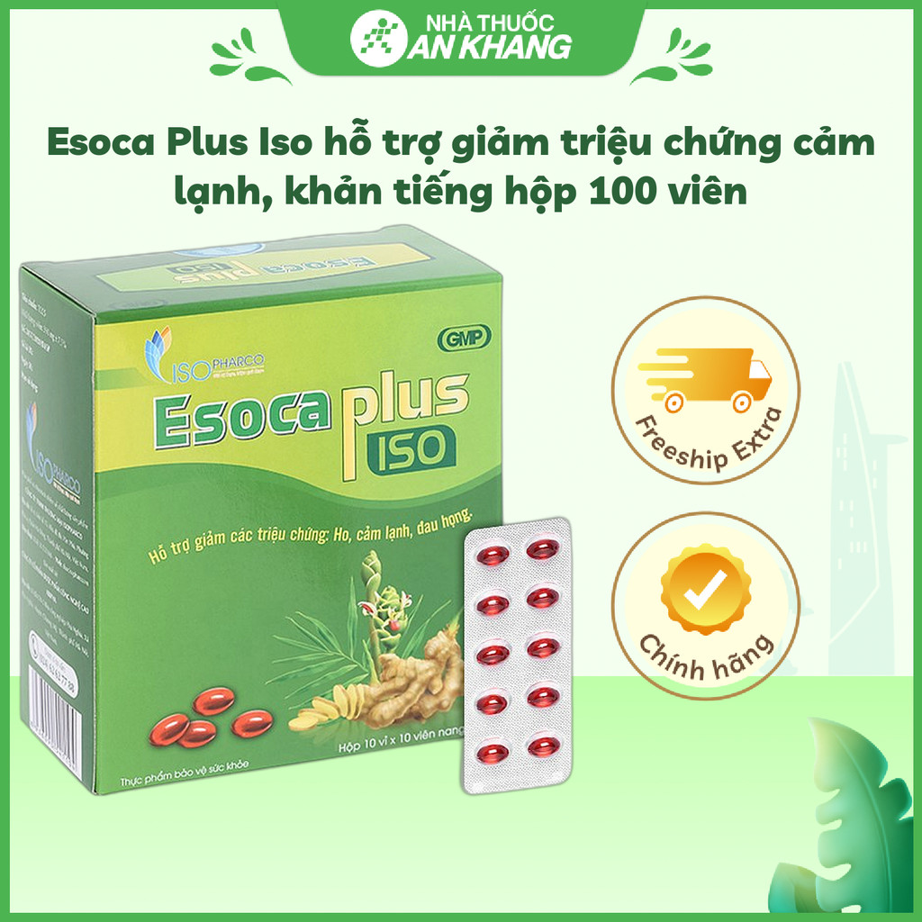 Esoca Plus Iso hỗ trợ giảm triệu chứng cảm lạnh, khản tiếng hộp 100 viên